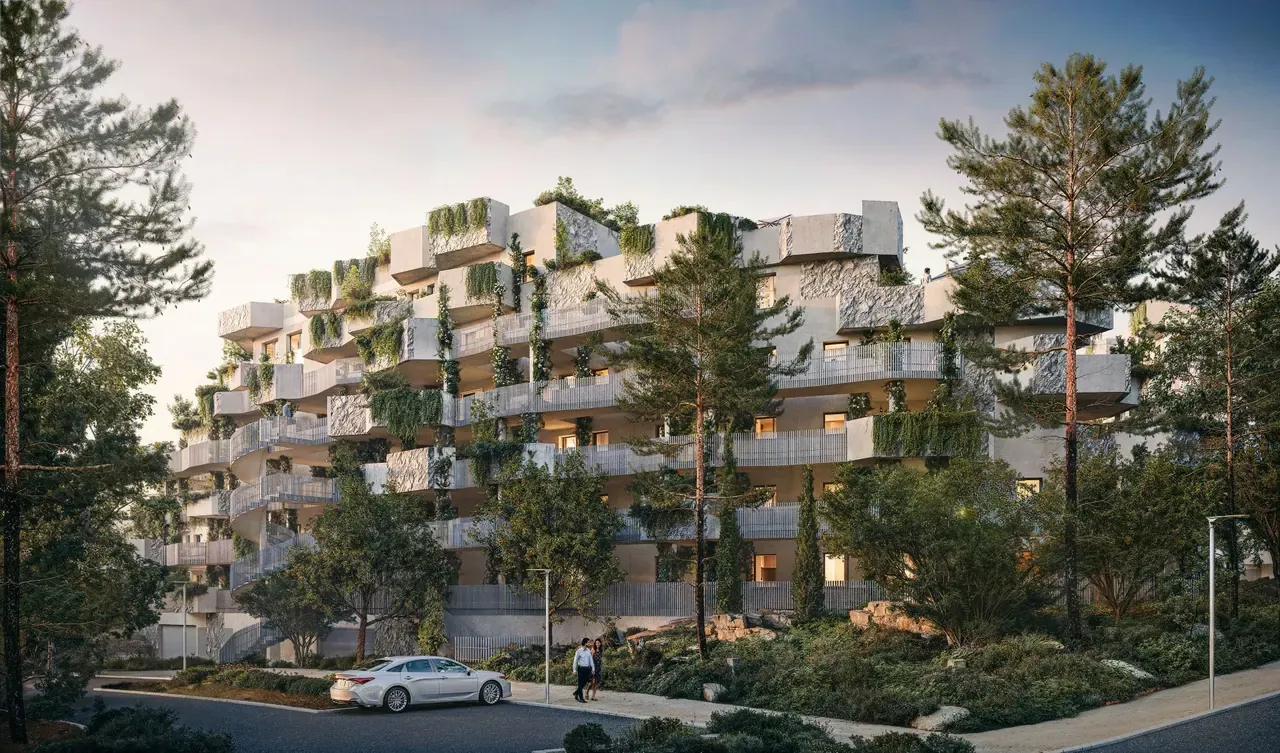 Perspective 3D extérieure d’une résidence avec balcons végétalisés, arbres et cheminements paysagers