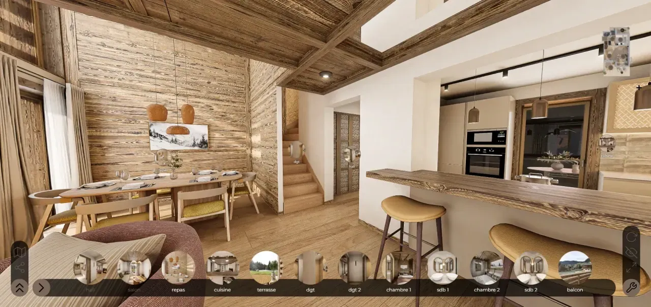 Vue intérieure à 360 degrés d’un séjour contemporain avec cuisine ouverte, coin repas et grandes baies vitrées