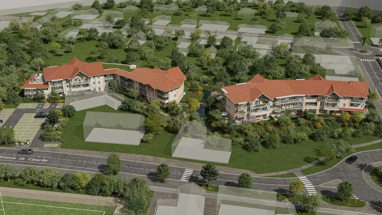 Vue aérienne 3D d’un programme résidentiel avec deux bâtiments, routes, jardins et volumes voisins simplifiés