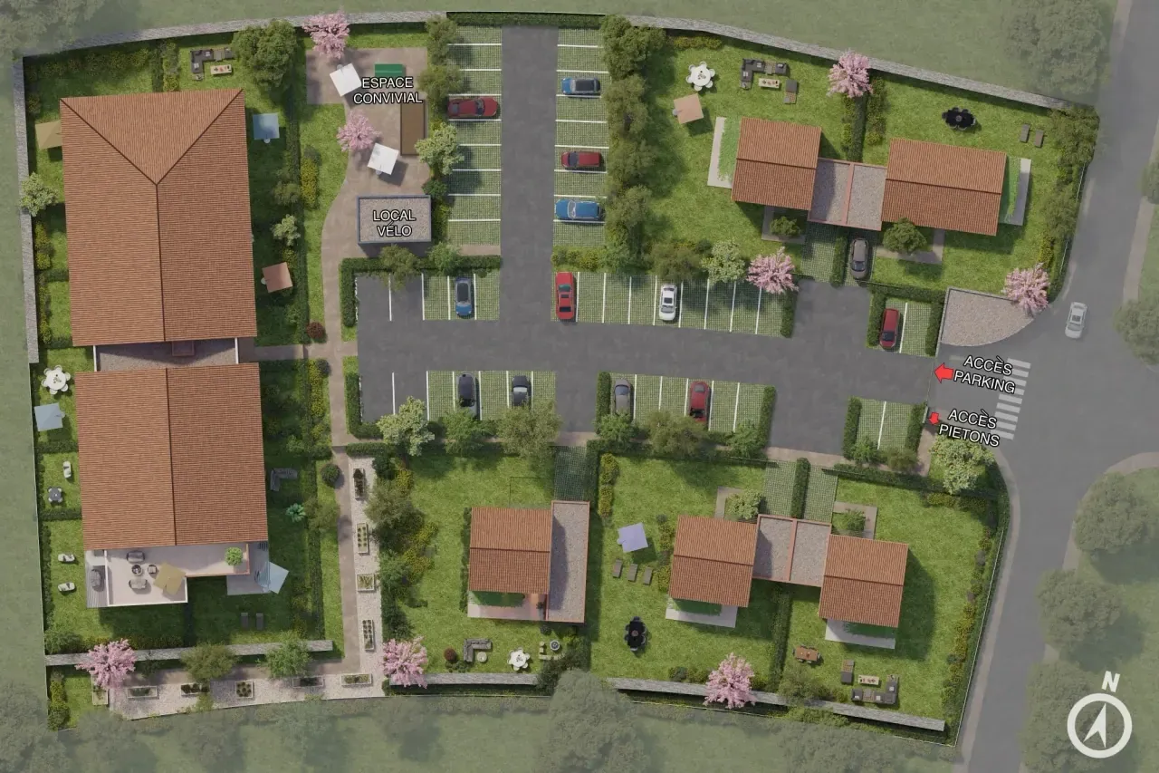 Plan de masse 3D vu de dessus avec bâtiments, stationnements, accès piétons, local vélo et espaces paysagers