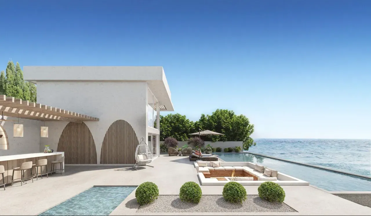 Visuel 3D d’une villa contemporaine avec terrasse, piscine, salon extérieur et horizon marin
