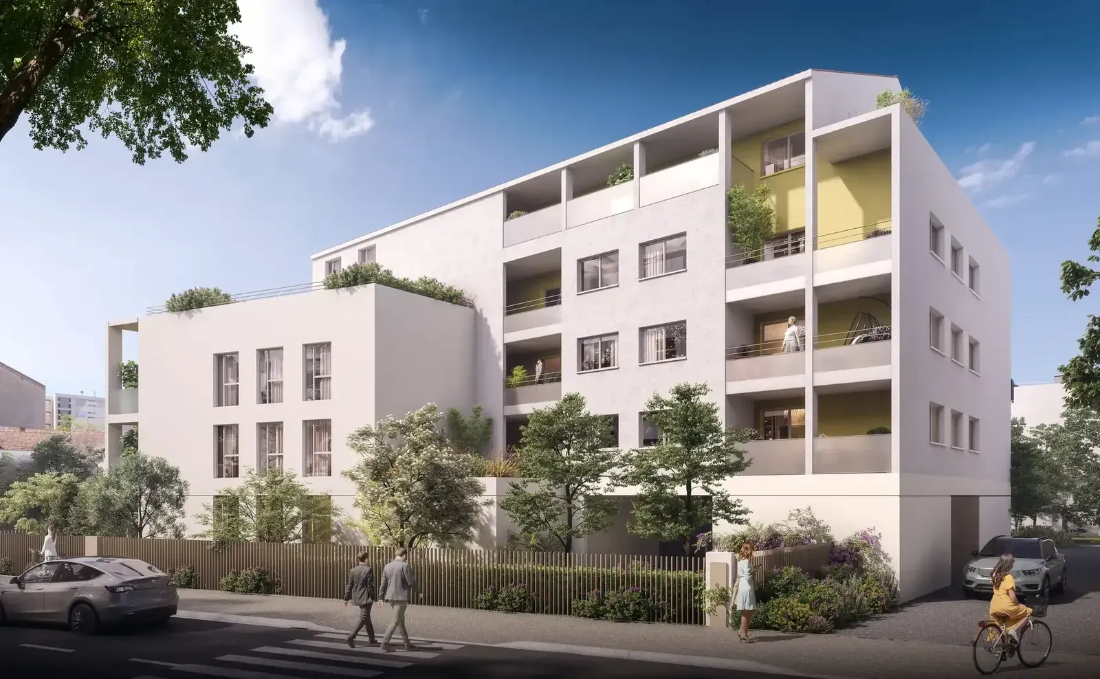 Perspective 3D extérieure d'un immeuble blanc avec loggias, clôture sur rue et jardin paysager en pied de façade