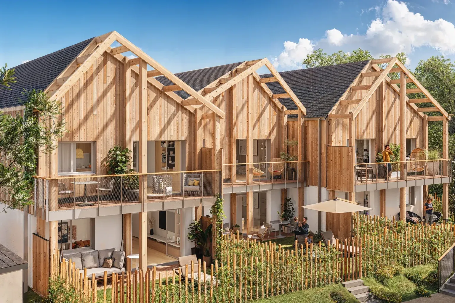Perspective 3D extérieure de maisons de ville à bardage bois, toitures sombres, balcons et jardins privatifs d'un programme neuf
