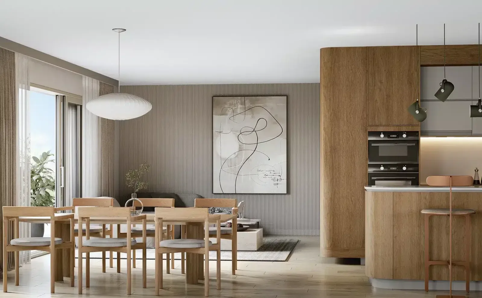 Perspective 3D intérieure d'une cuisine ouverte sur séjour, sol en bois clair, façades de cuisine en bois et mur à tasseaux