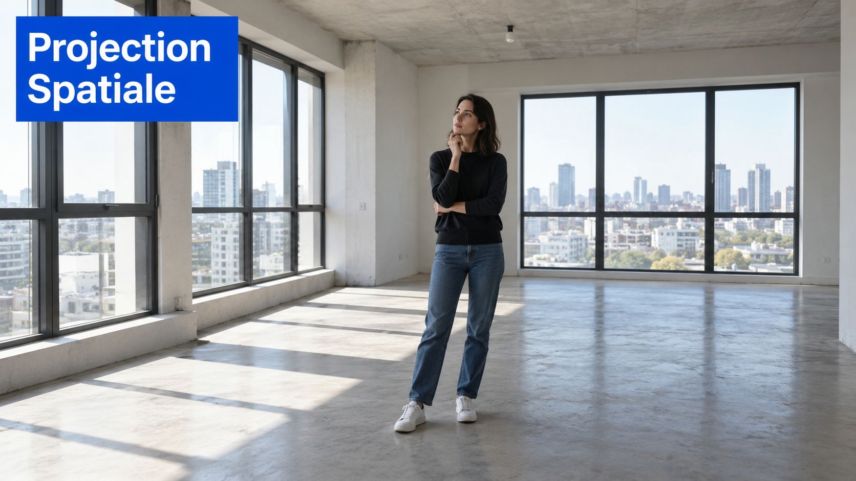 Une femme debout dans un grand appartement vide avec des fenêtres panoramiques offrant une vue sur la ville.