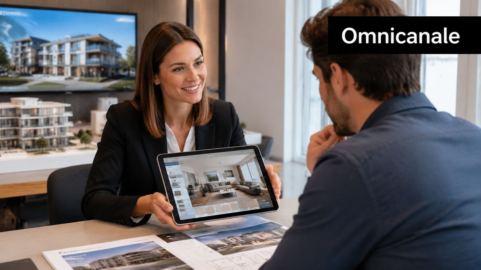 Une conseillère immobilière présente un configurateur 3D sur tablette à un client dans un bureau de vente.