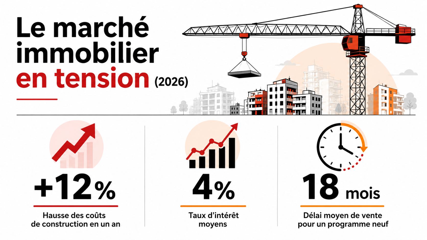 Infographie illustrant les tensions du marché immobilier en 2026 avec les coûts, taux et délais de vente.