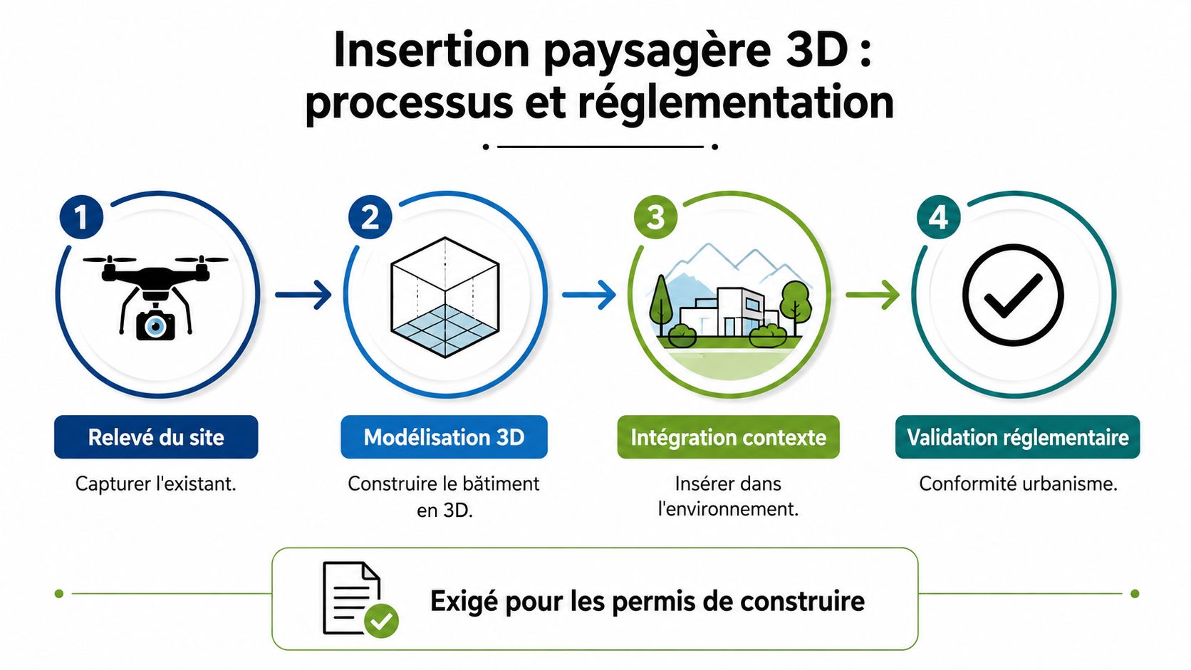 Schéma explicatif des quatre étapes clés de l'insertion paysagère 3D pour les permis de construire.