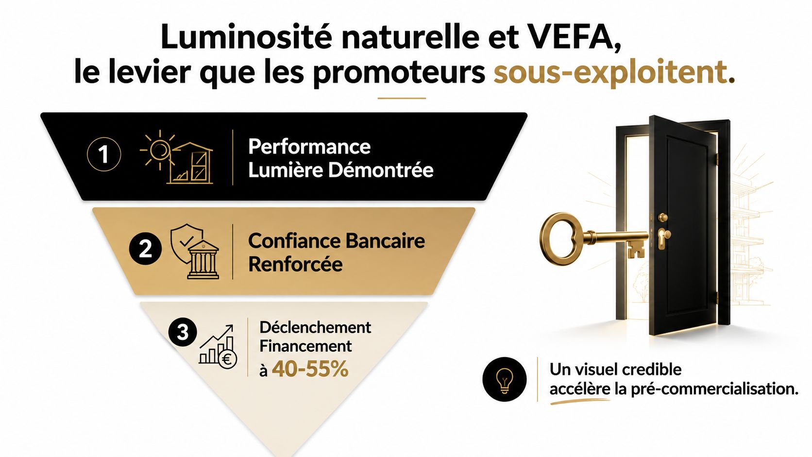 Infographie montrant les avantages de la luminosité naturelle pour les projets immobiliers en VEFA pour les promoteurs.