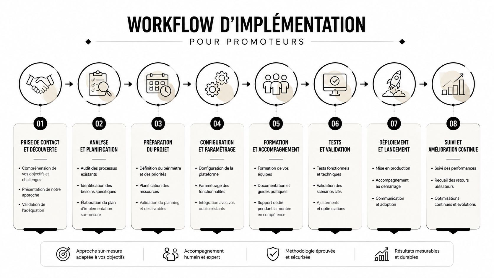 Workflow d'implémentation pour promoteurs immobiliers illustrant huit étapes clés de gestion de projet de manière structurée.