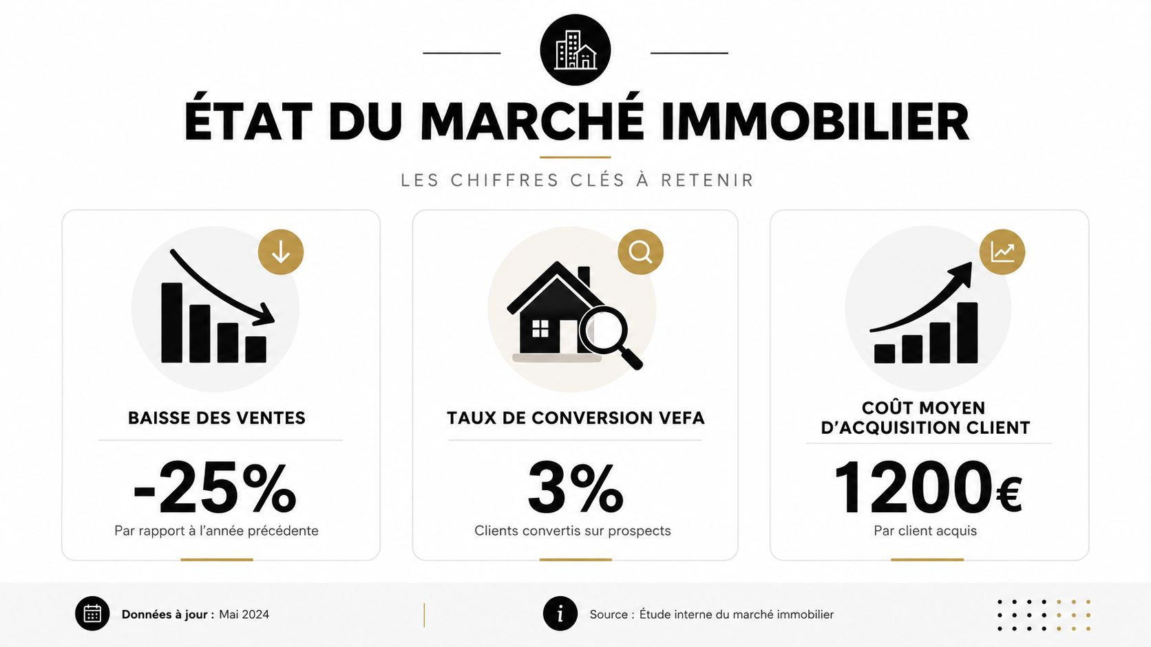 Infographie illustrant l'état actuel du marché immobilier avec des données clés sur les ventes et coûts.
