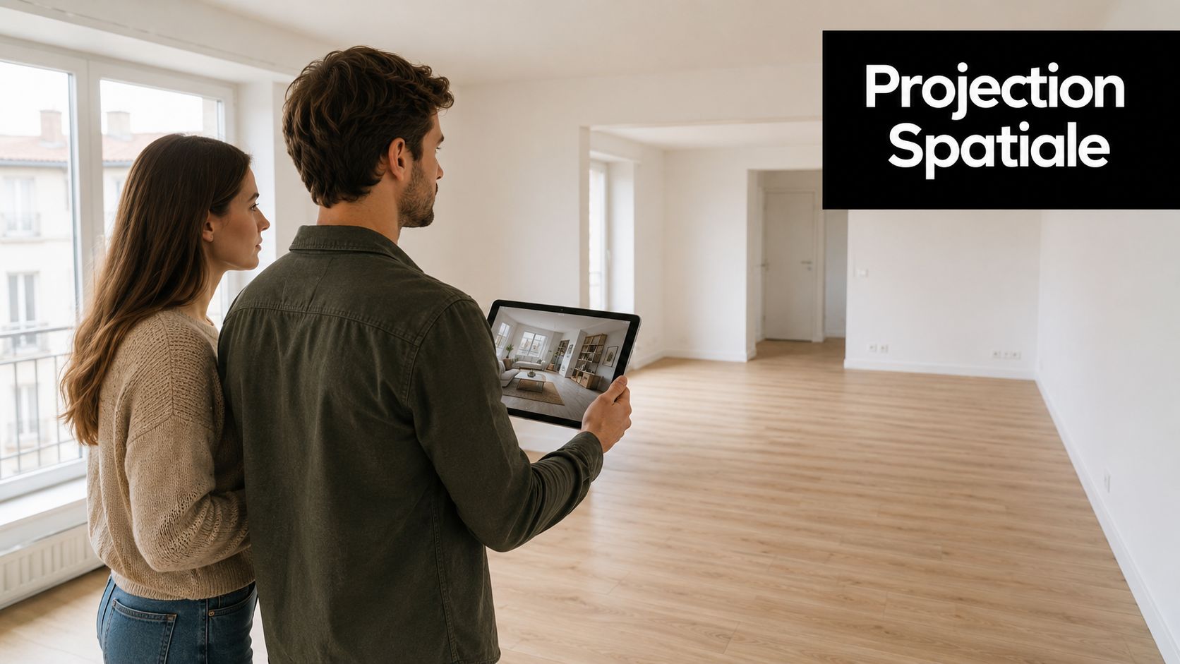 Un couple utilisant une tablette pour visualiser une projection 3D d'aménagement dans leur appartement vide.