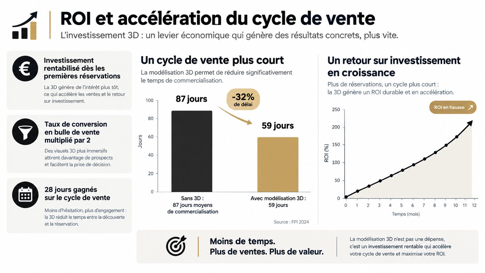 Infographie montrant comment la modélisation 3D réduit les cycles de vente immobiliers et maximise le retour sur investissement.