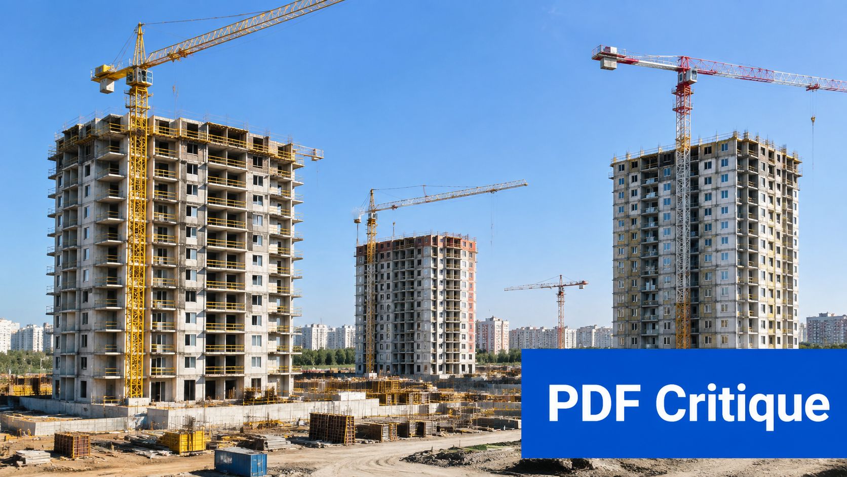 Trois grands immeubles résidentiels en cours de construction avec des grues jaunes imposantes sur un chantier.