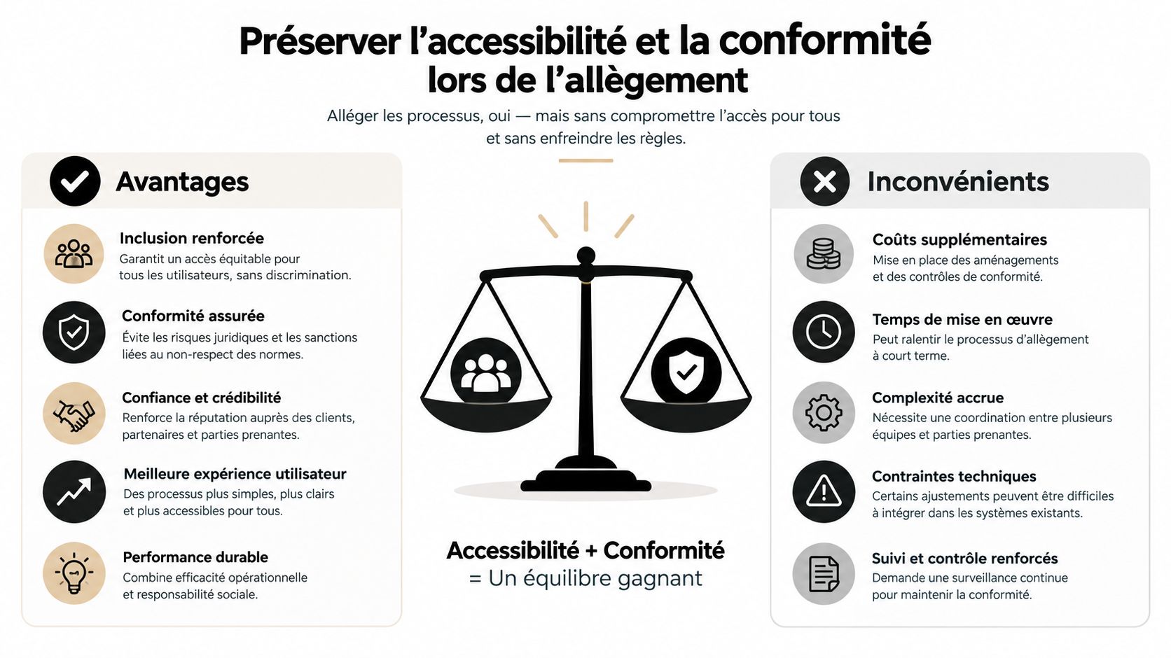 Une infographie comparant les avantages et les inconvénients de l'accessibilité et de la conformité lors de l'allègement.