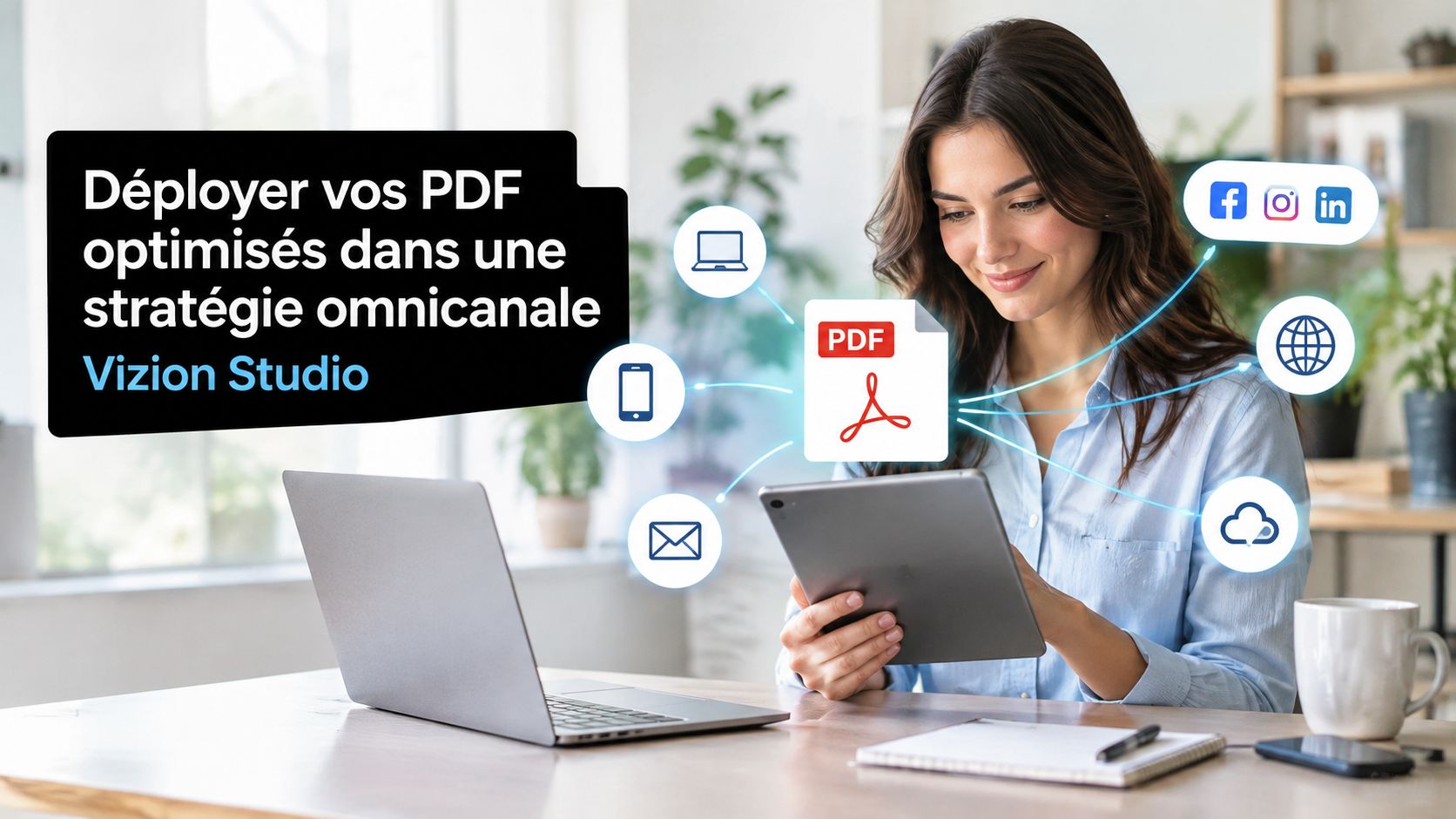 Une femme souriante utilisant une tablette numérique pour distribuer des fichiers PDF optimisés sur divers canaux numériques.