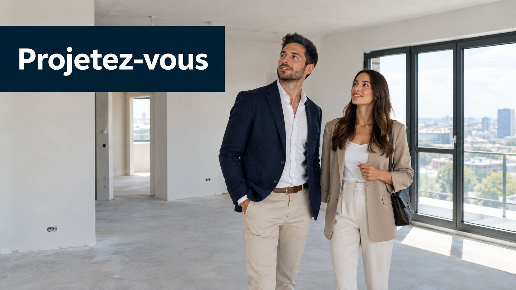 Un couple élégant en visite dans un appartement moderne et spacieux en cours de finition avec vue panoramique.