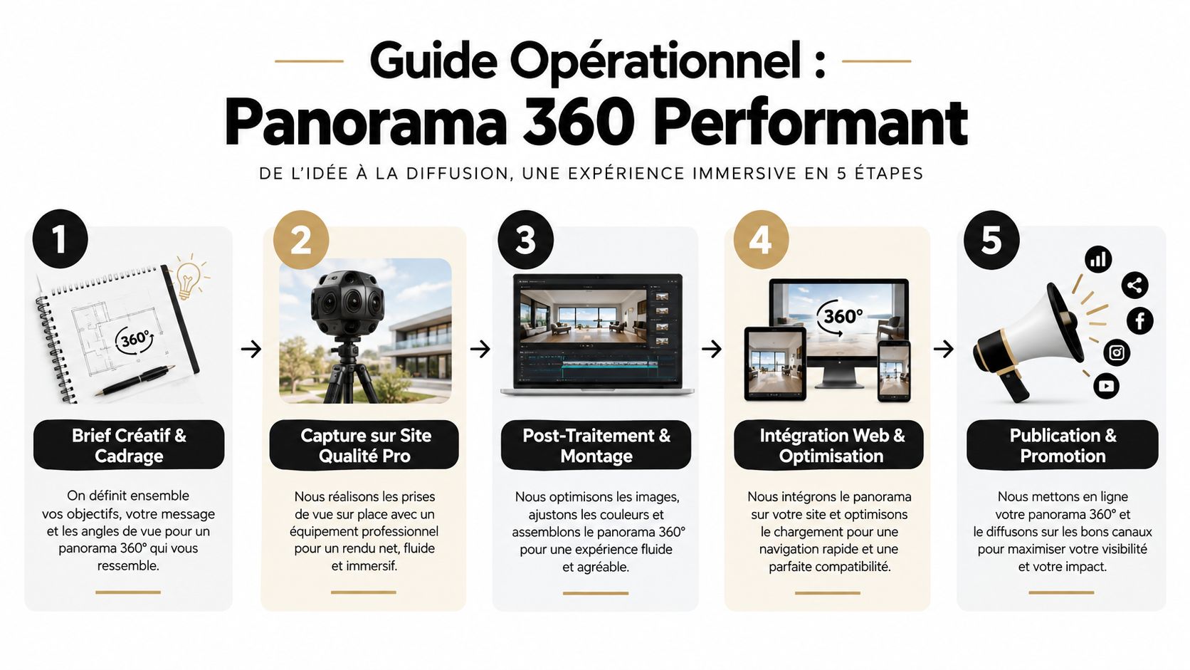 Guide opérationnel illustré détaillant les cinq étapes pour créer et diffuser un panorama 360 performant.