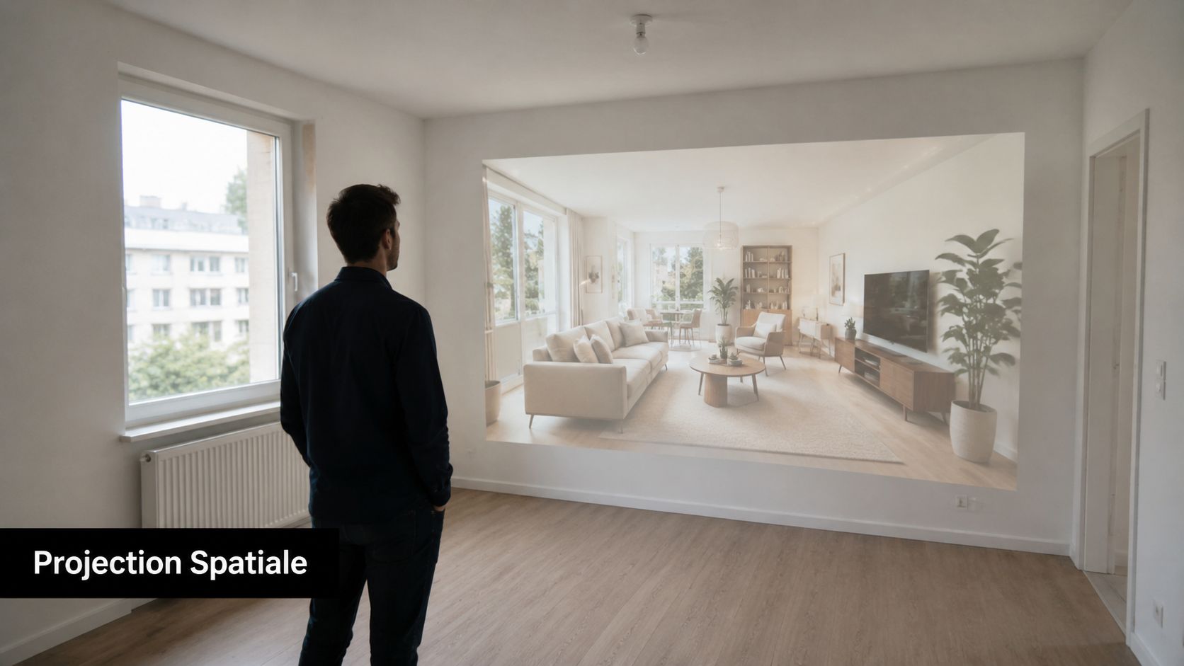 Un homme observant une projection murale immersive montrant le design intérieur d'un salon moderne et lumineux.