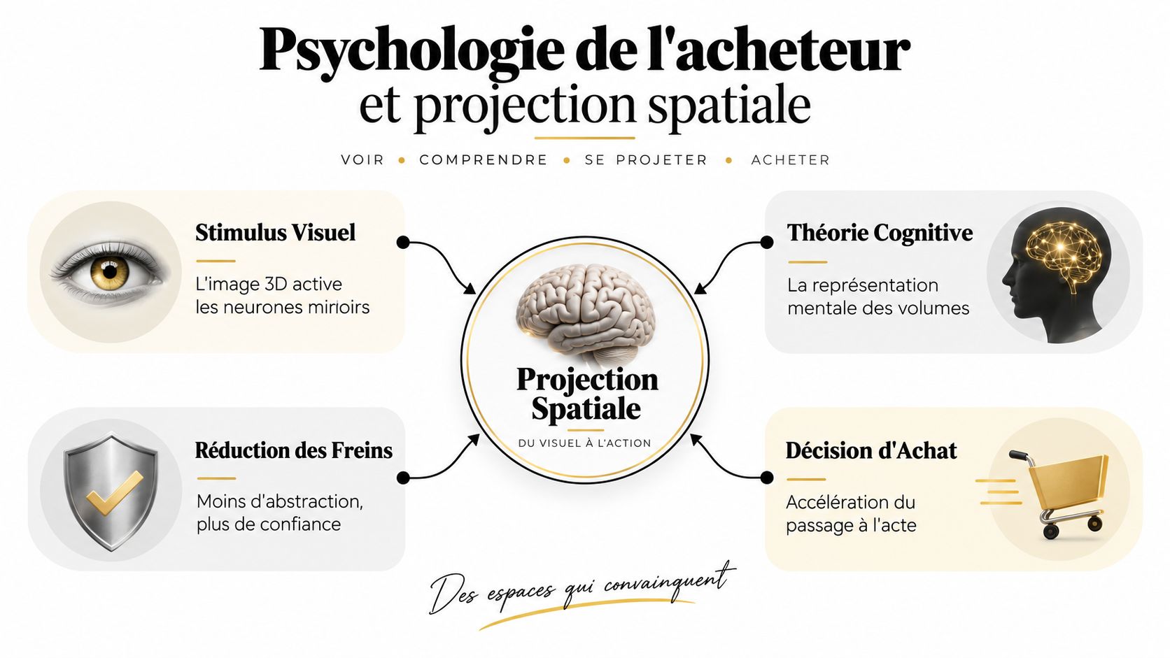 Schéma explicatif illustrant la psychologie de l'acheteur et l'impact de la projection spatiale 3D sur le comportement.