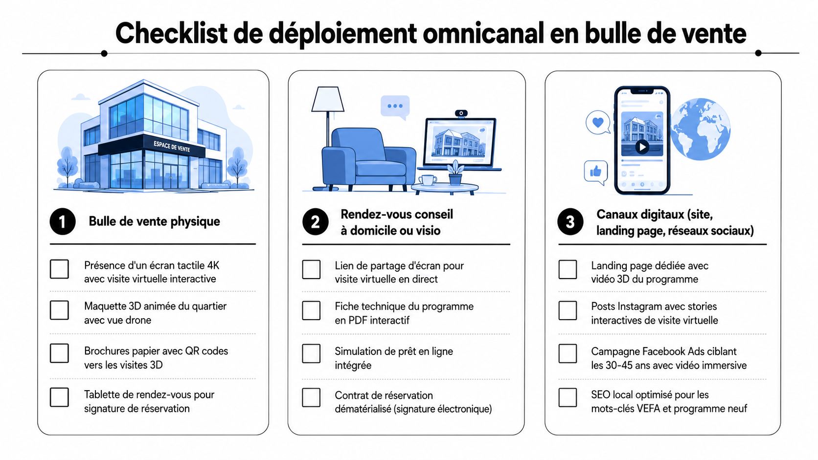 Checklist illustrée pour le déploiement d'une stratégie commerciale omnicanale dans le secteur de l'immobilier neuf.