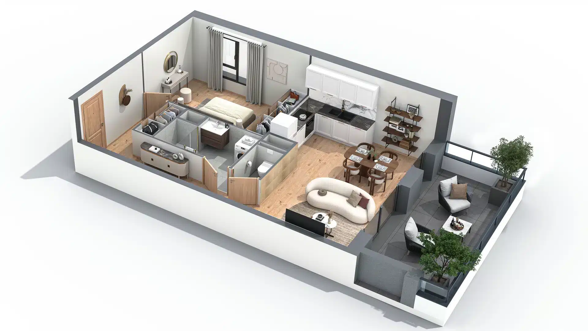 T2 avec terrasse — 14 plans 3D réalisés
