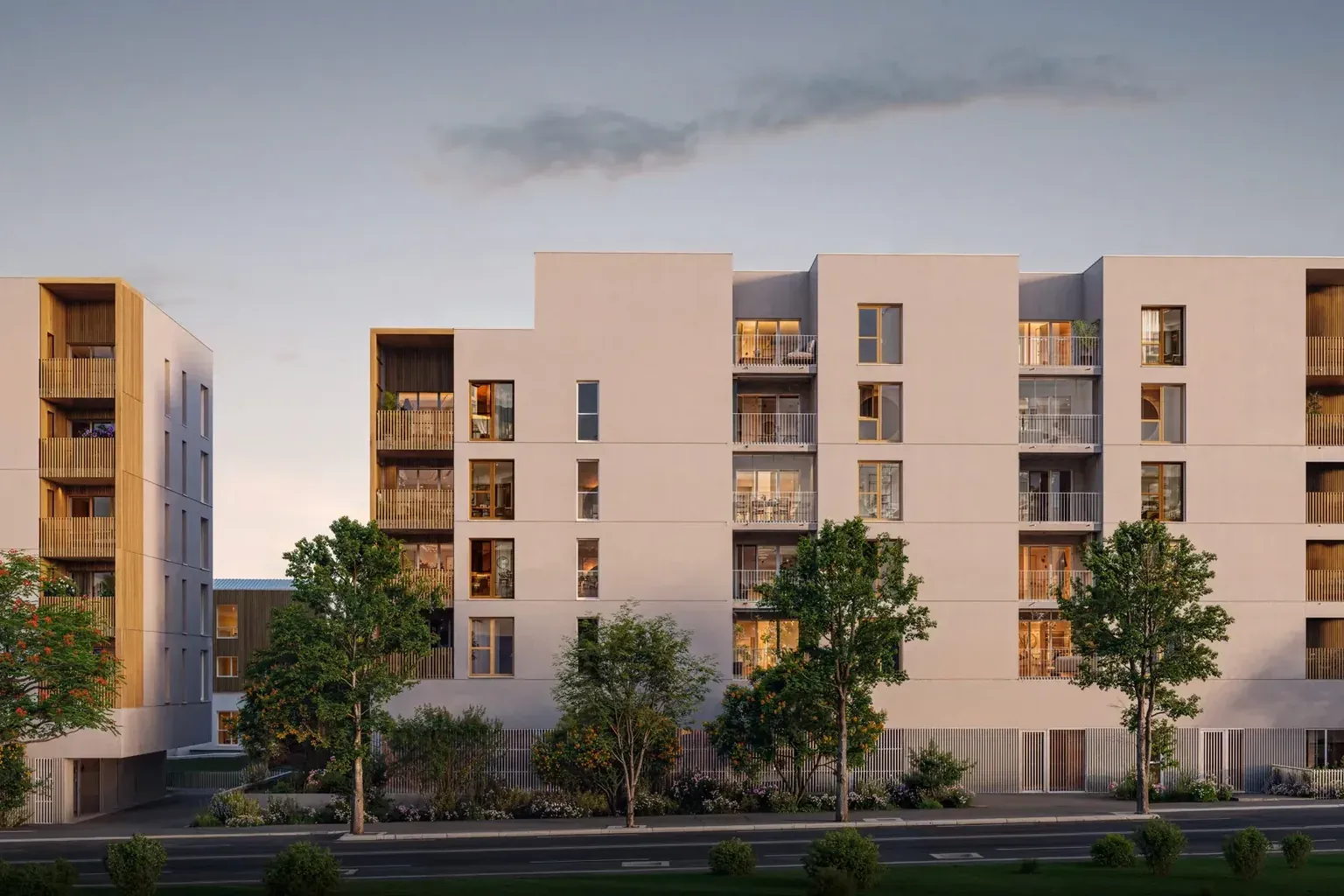 Perspective 3D extérieure d'une résidence collective neuve vendue en VEFA, façades claires et balcons bois