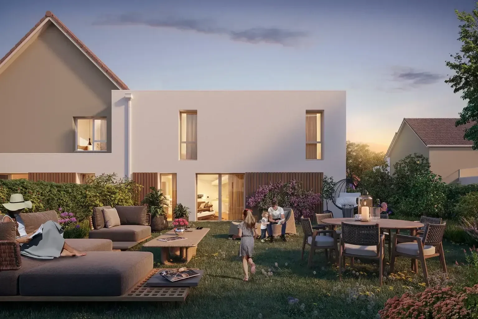 Perspective 3D extérieure de maisons neuves côté jardin au coucher du soleil, avec salon de jardin, table et famille sur la pelouse