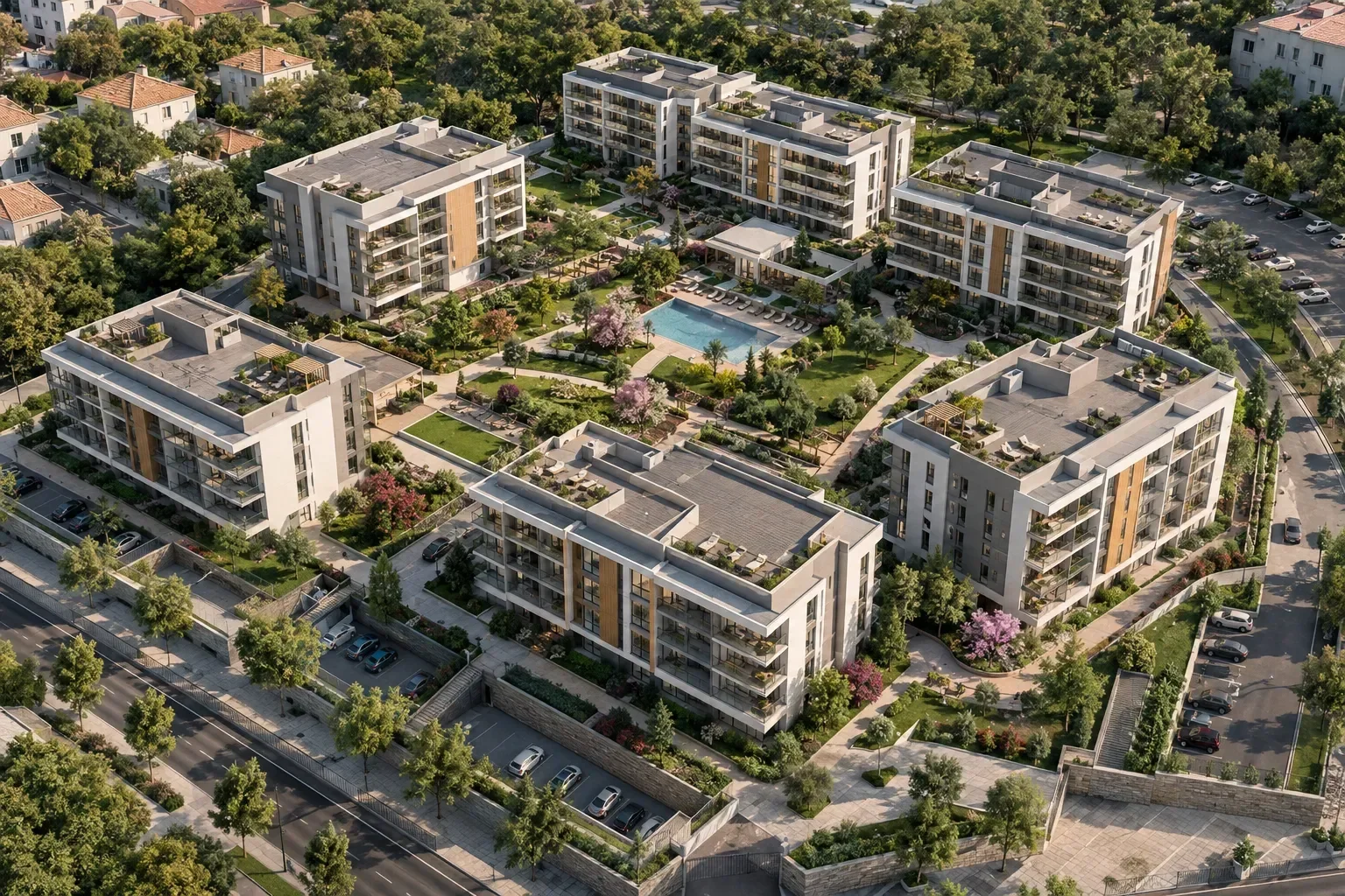 Plan de masse 3D aérien d’un programme résidentiel et de ses espaces paysagers