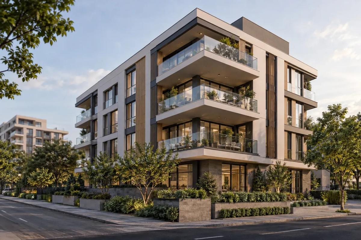 Perspective 3D extérieure d’une résidence neuve intégrée dans un environnement urbain paysager