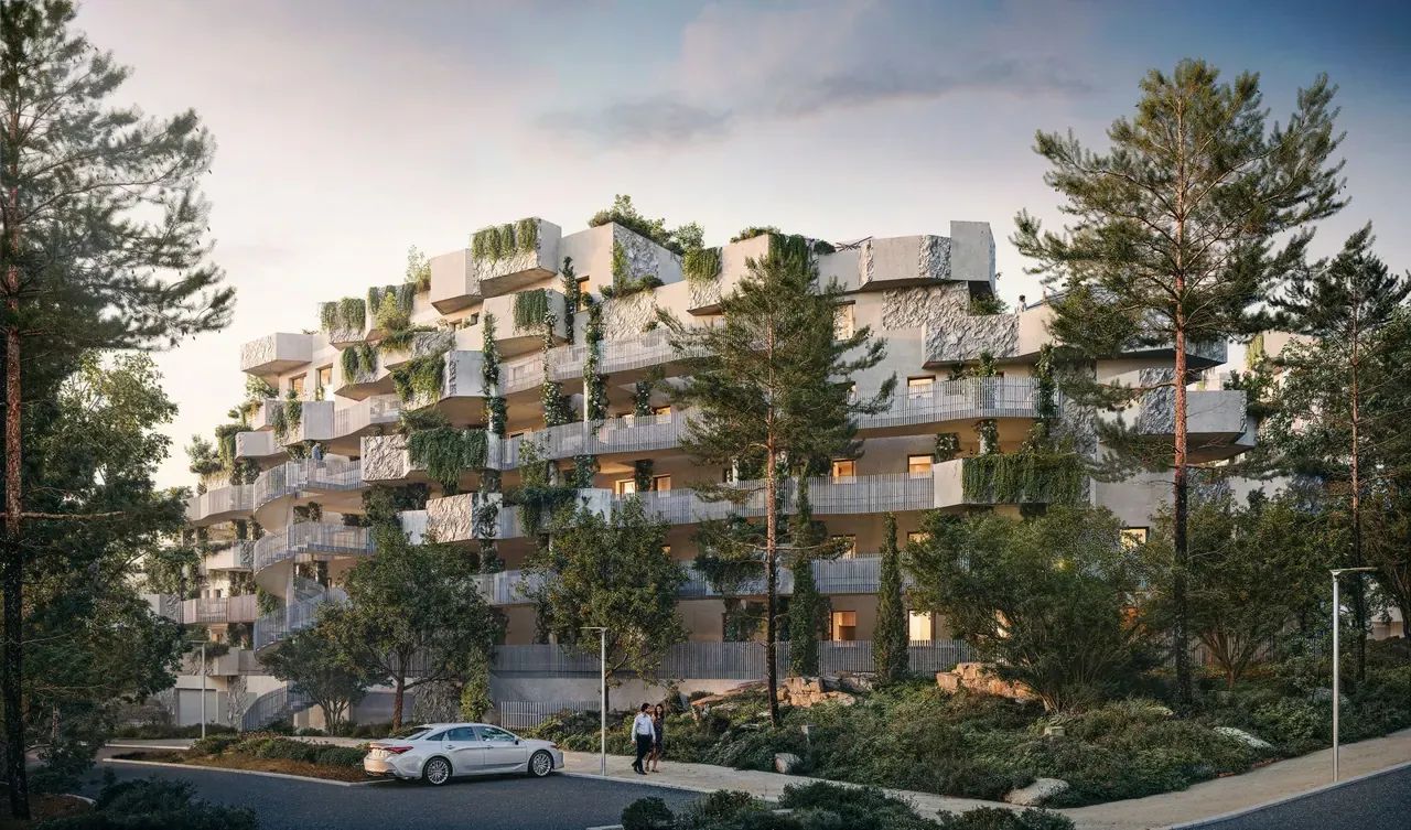 Perspective 3D extérieure d’un programme résidentiel montrant les façades, la végétation et les cheminements