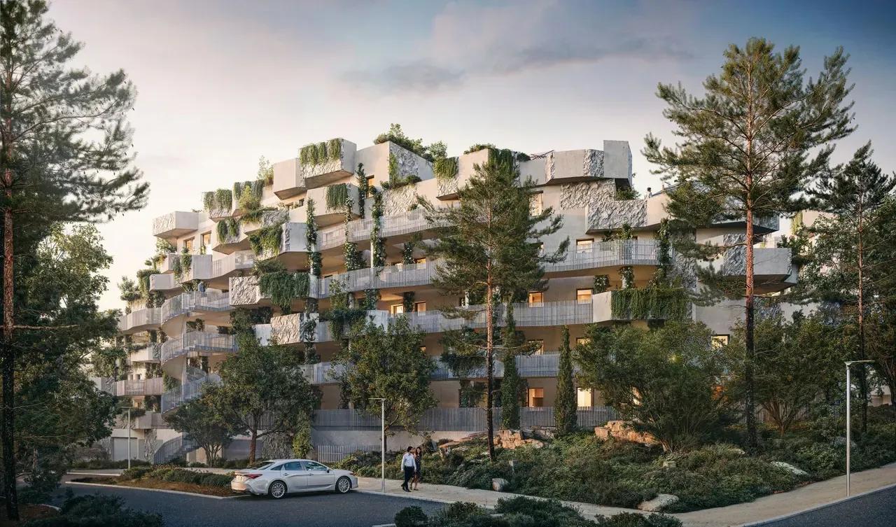 Perspective 3D extérieure d’un programme résidentiel montrant les façades, la végétation et les cheminements