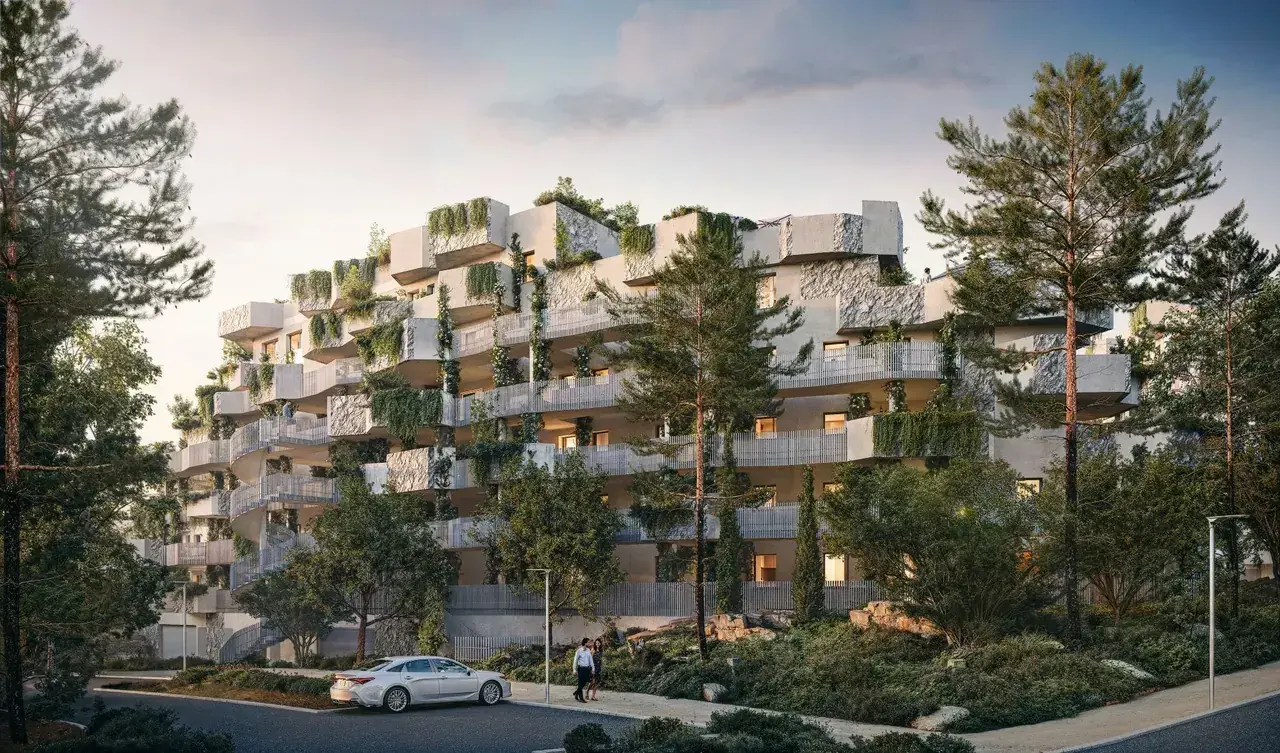 Perspective 3D extérieure d’un programme résidentiel montrant les façades, la végétation et les cheminements