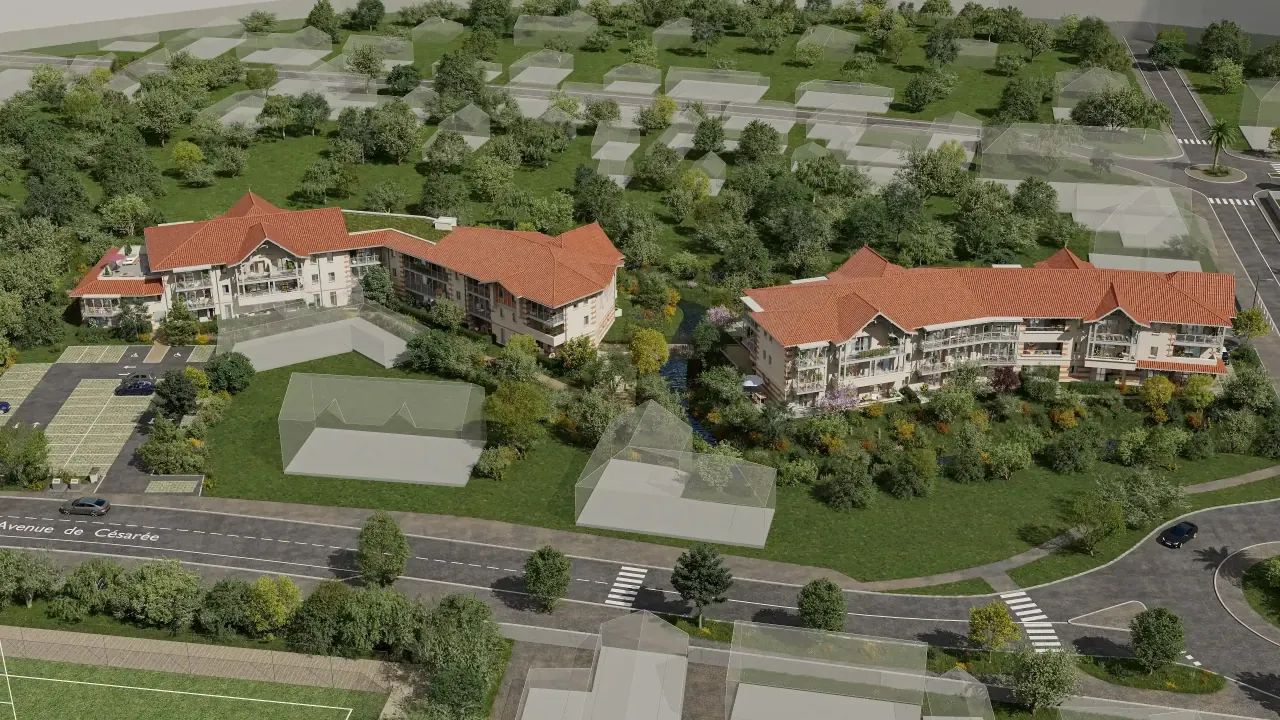 Vue aérienne 3D d’un programme résidentiel avec deux bâtiments, routes, jardins et volumes voisins simplifiés