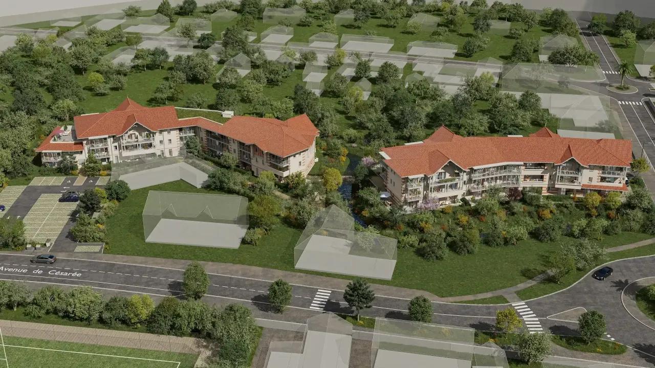 Vue aérienne 3D d’un programme résidentiel avec deux bâtiments, routes, jardins et volumes voisins simplifiés