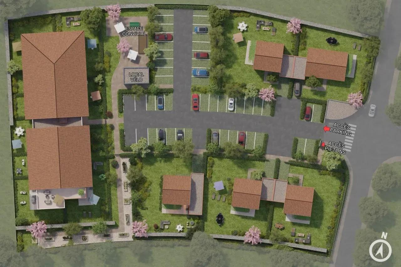 Plan de masse 3D vu de dessus avec bâtiments, stationnements, accès piétons, local vélo et espaces paysagers
