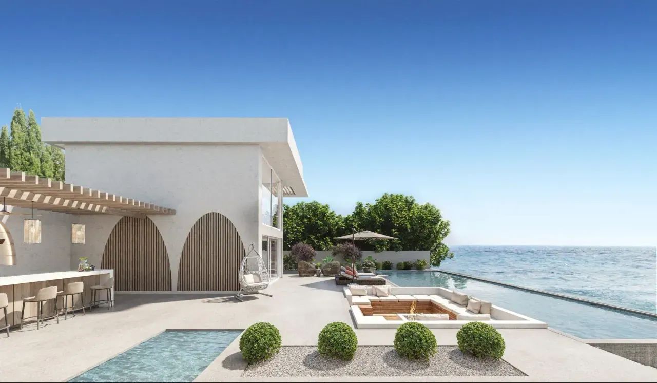 Visuel 3D d’une villa contemporaine avec terrasse, piscine, salon extérieur et horizon marin