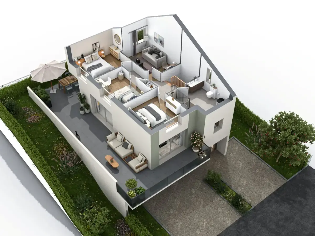Plan 3D en coupe d’un logement sur deux niveaux avec pièces meublées, terrasse, jardin et circulations visibles