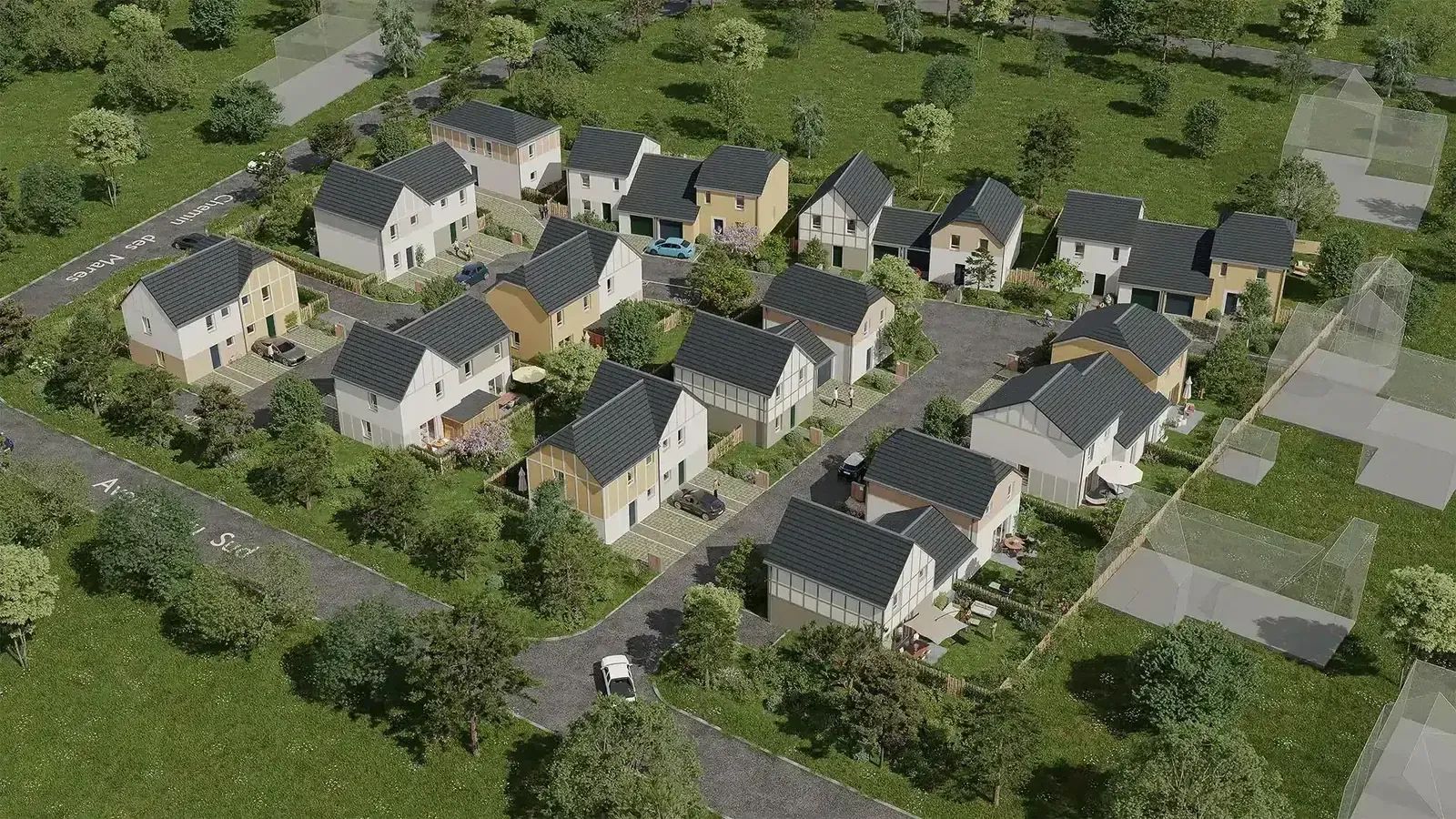 Vue aérienne en image de synthèse d'un ensemble de maisons individuelles neuves avec jardins, voirie interne et bâtiments voisins en volumes