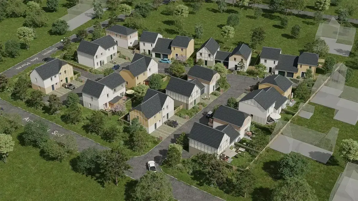 Vue aérienne en image de synthèse d'un ensemble de maisons individuelles neuves avec jardins, voirie interne et bâtiments voisins en volumes