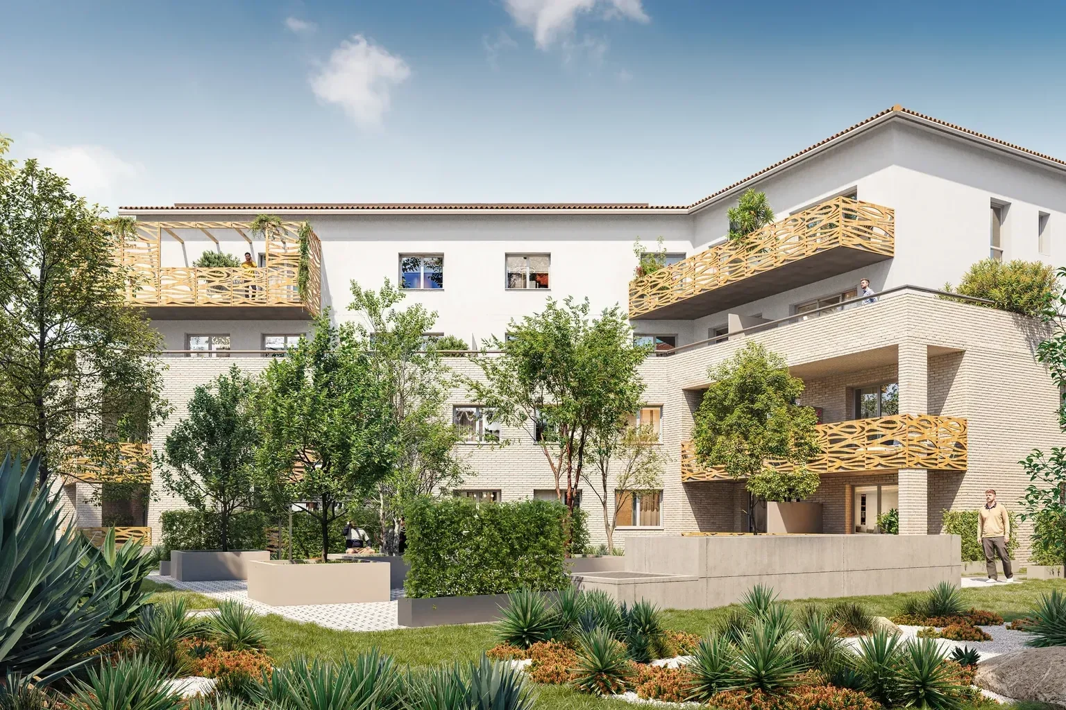 Exterior 3D rendering of a white residential building with wood-tone openwork balustrades, fronted by a landscaped garden with agaves and grasses