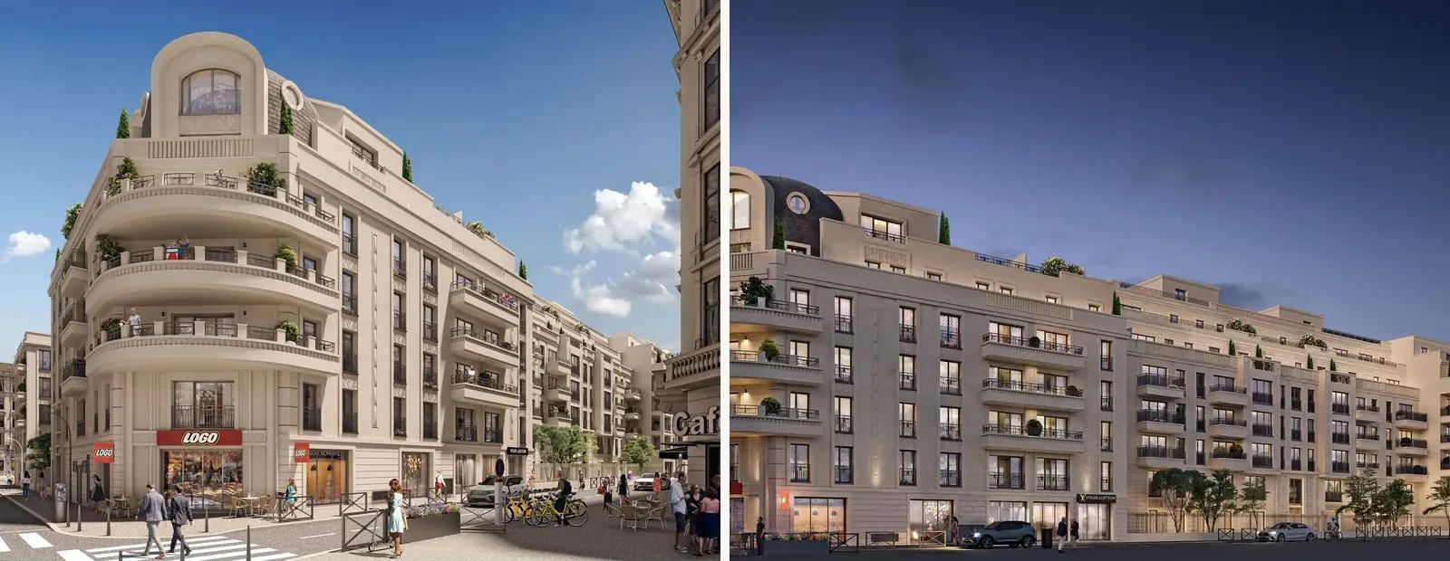Two exterior 3D renderings of the same light-coloured scheme with curved balconies, seen in daylight from the street and at dusk with a lit ground floor