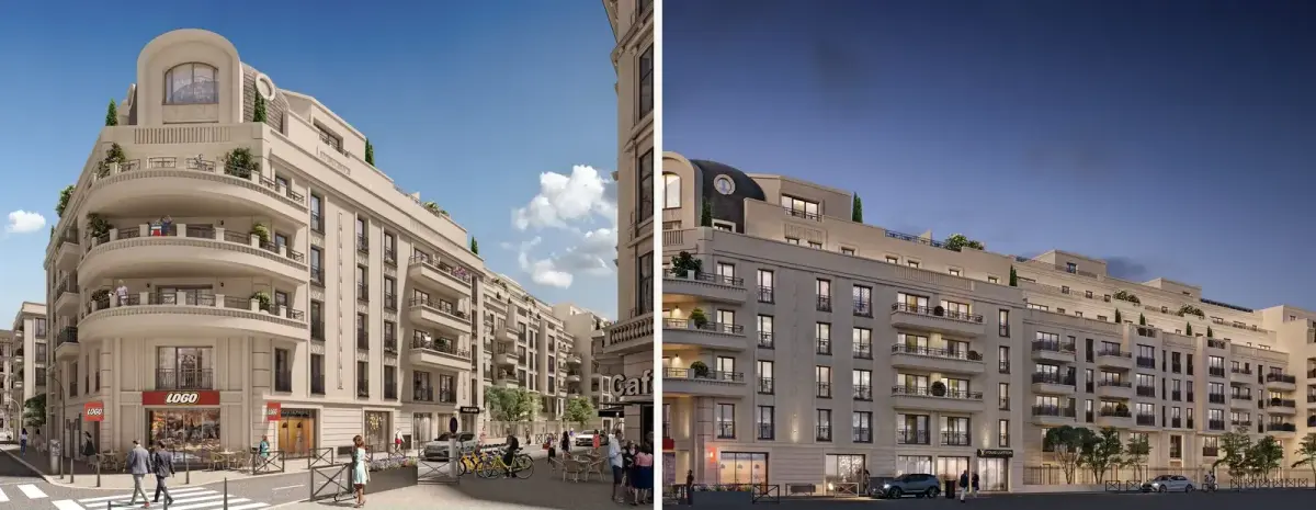 Two exterior 3D renderings of the same light-coloured scheme with curved balconies, seen in daylight from the street and at dusk with a lit ground floor
