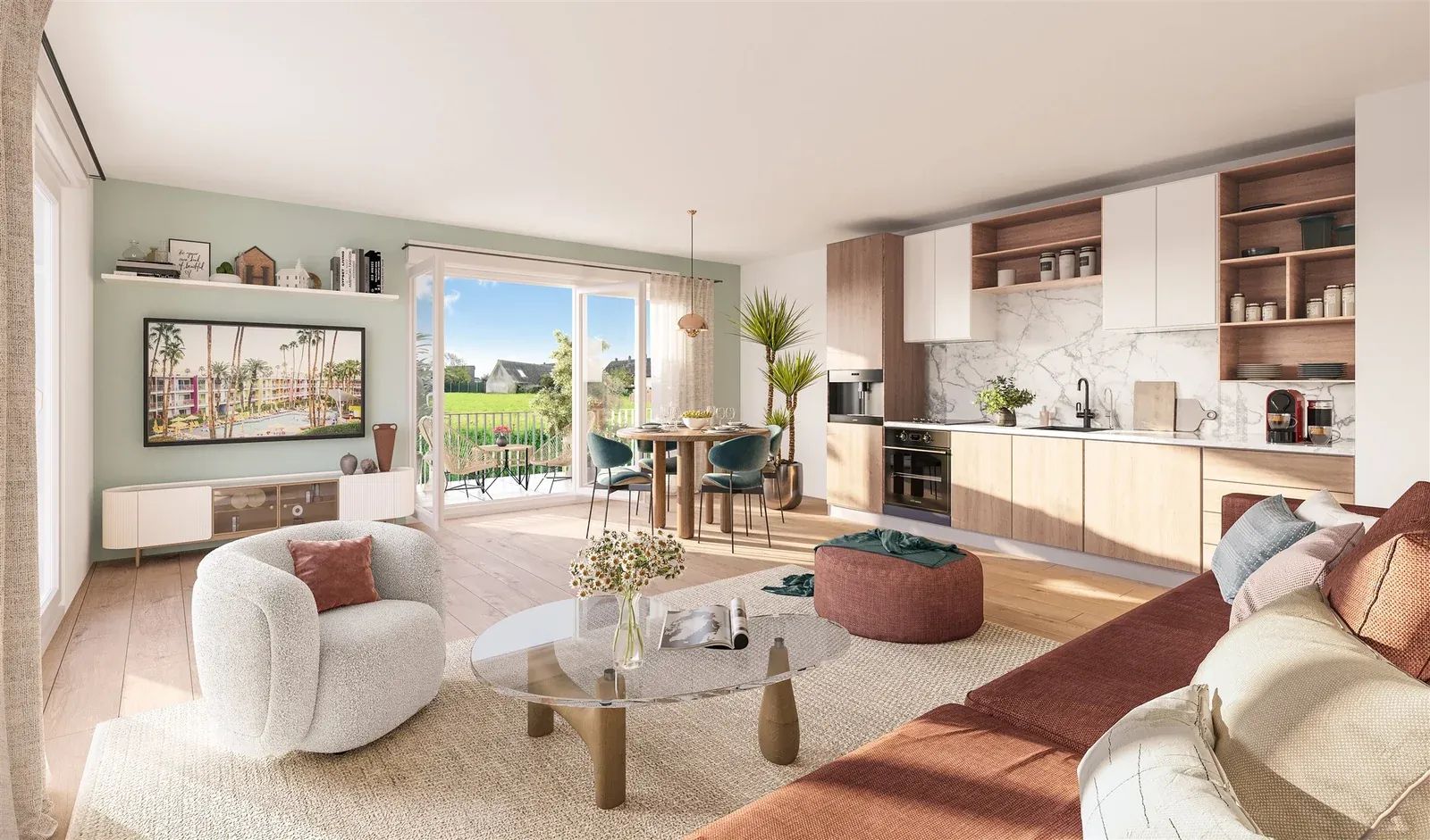 Interior 3D rendering of a living room with an open-plan light-wood kitchen, marble splashback, bouclé armchair and glazed door opening onto a balcony