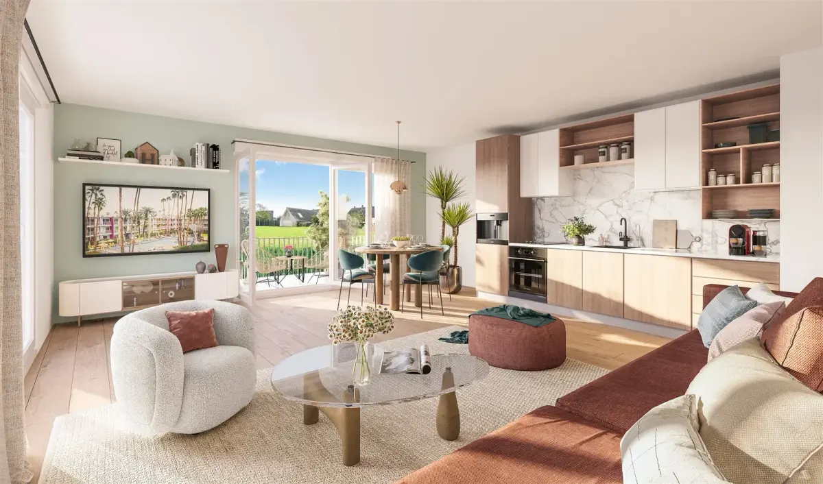 Interior 3D rendering of a living room with an open-plan light-wood kitchen, marble splashback, bouclé armchair and glazed door opening onto a balcony