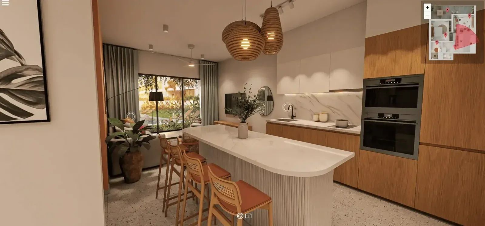 Vue d'une visite virtuelle à 360° d'une cuisine avec îlot central et tabourets, points de navigation et plan de repérage en haut à droite