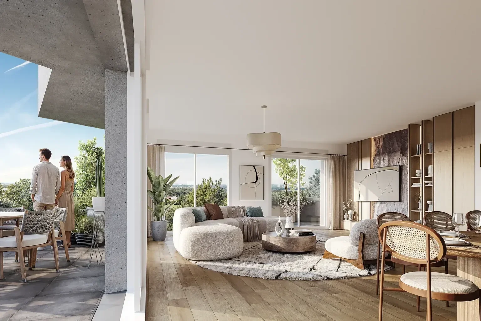 Perspective intérieure d'un séjour aménagé avec canapé arrondi et parquet, ouvert sur une terrasse où un couple admire la vue