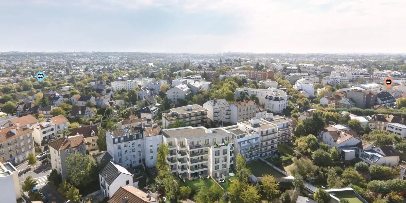 Panorama aérien à 360° d'un quartier résidentiel avec immeubles et jardins, ponctué d'icônes de repérage des points d'intérêt