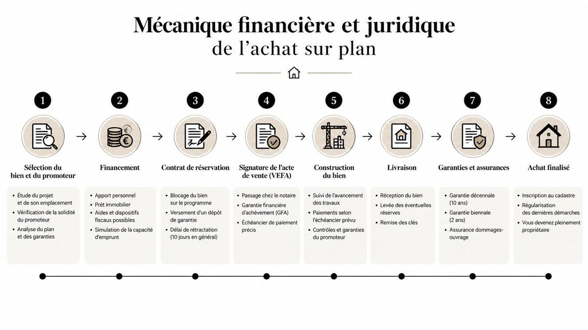 Infographie détaillant les huit étapes clés du processus d'achat d'un bien immobilier sur plan.