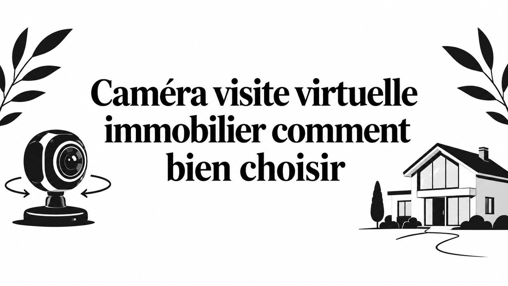 Illustration noir et blanc : caméra 360°, maison et plantes.